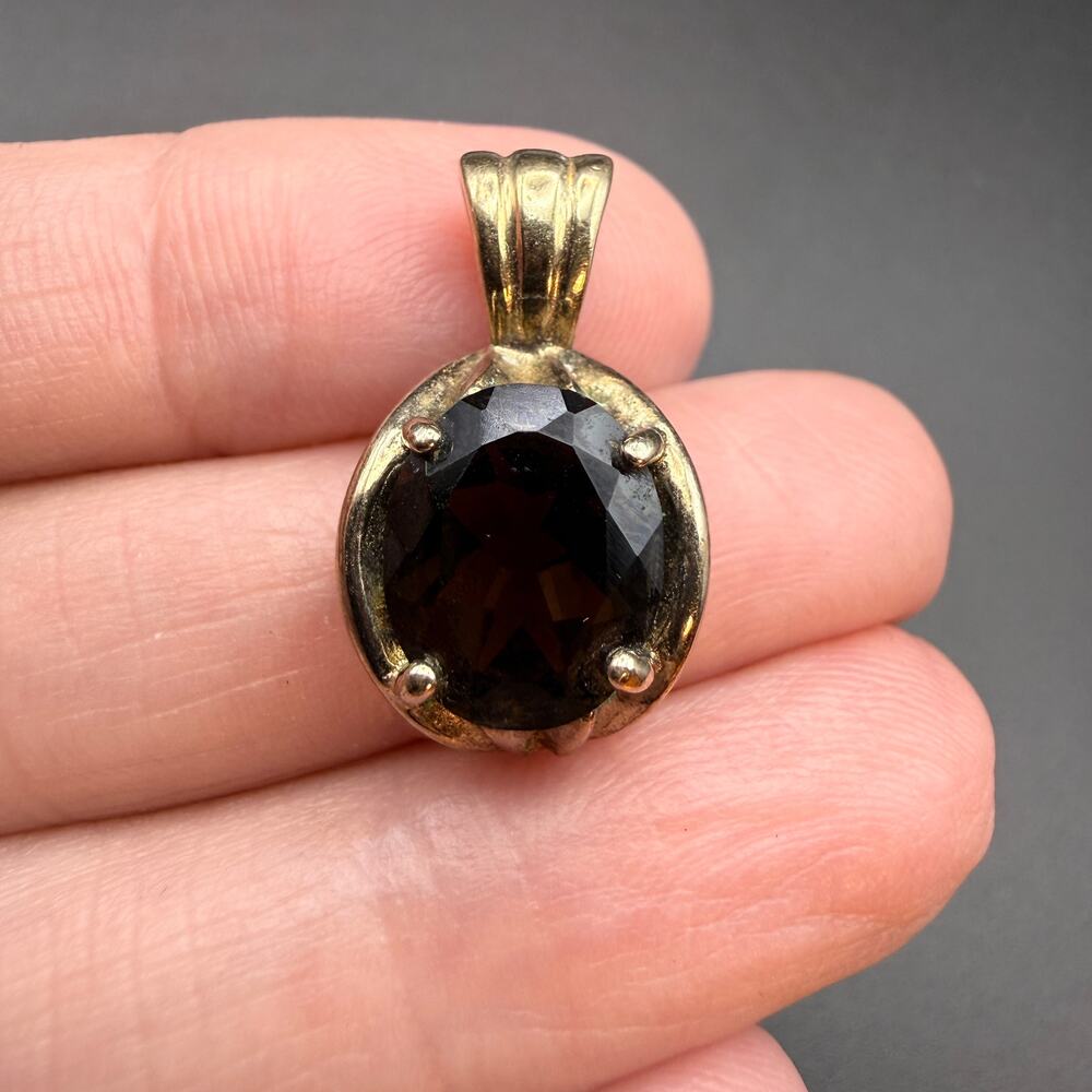 Vintage 925 Sterling Silver Vermeil Smoky Quartz Oval Pendant Gold Over Silver